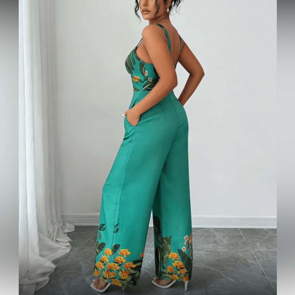 Tropical Green Twist-Front Wide-Leg Jumpsuit - Picture 3 of 8